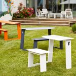 Landscape Forms Take-Out attached-seating table collection for outdoor spaces