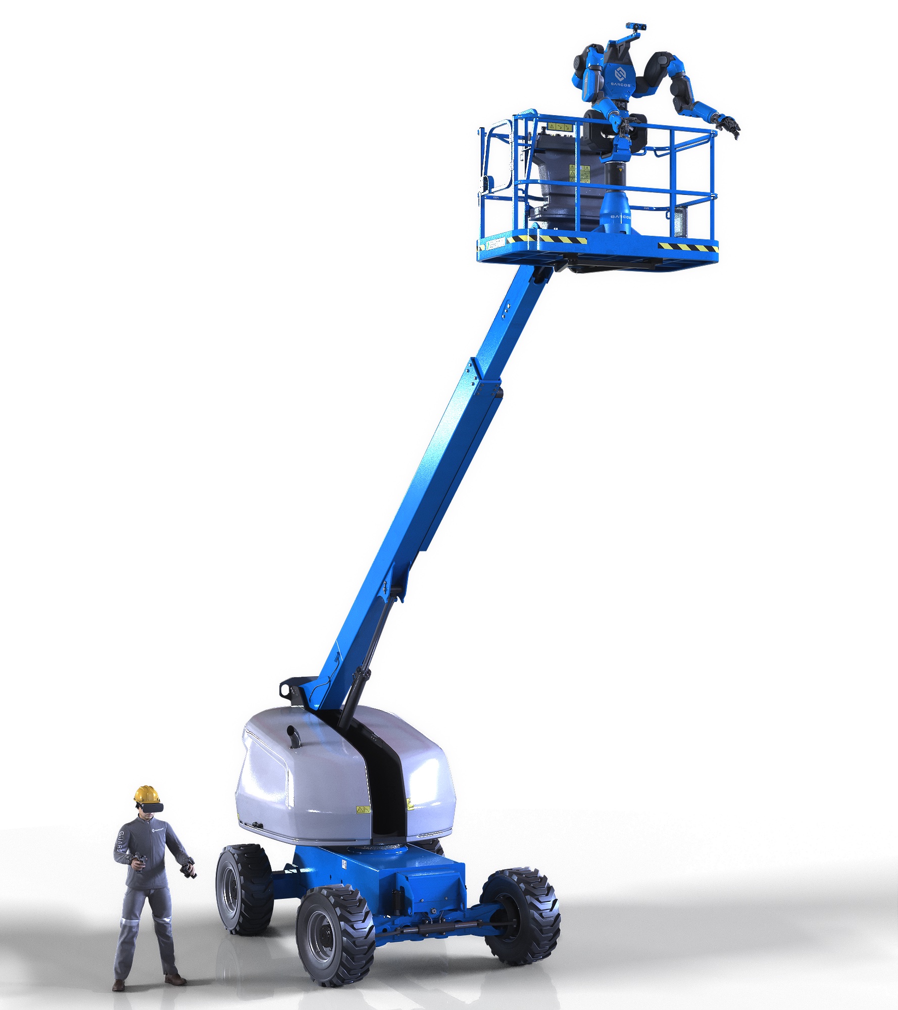 Sarcos Guardian XT robot avatar on boom with SenSuit