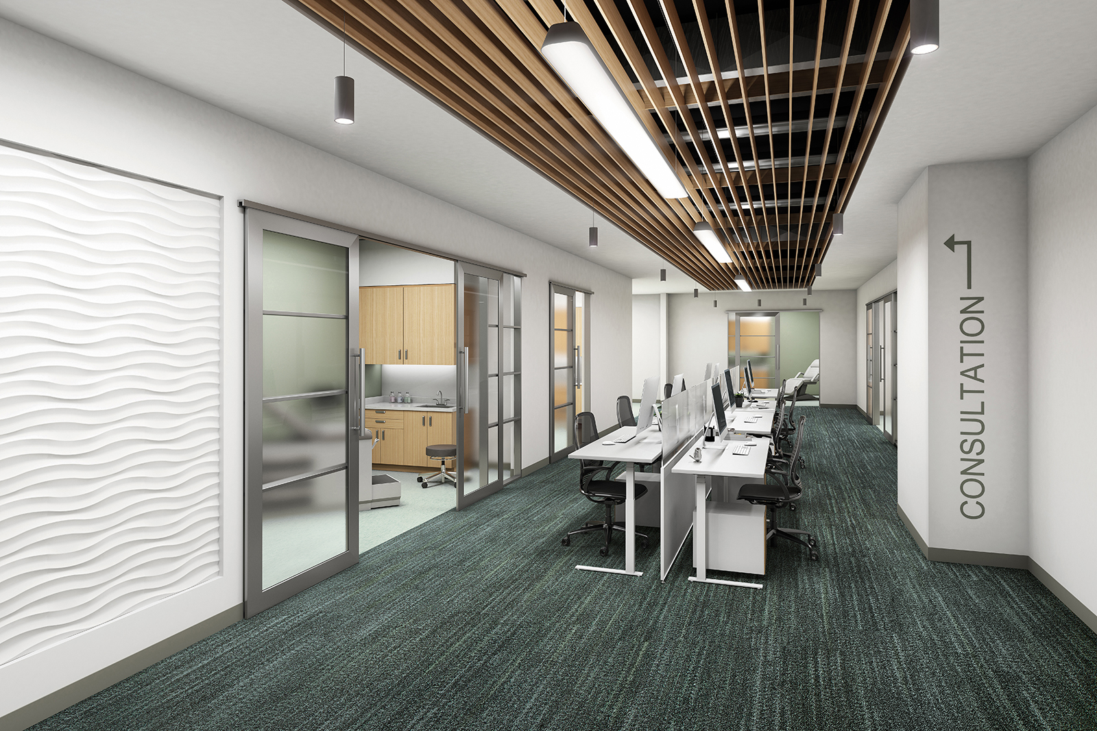 Interface biophilic flooring in healthcare setting with desks