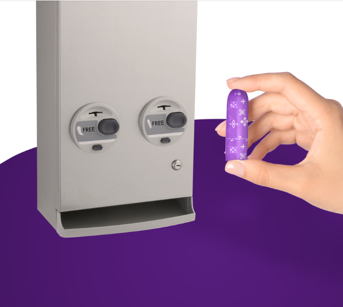 Bobrick Napkin/Tampon Vendor unit for compliance with menstrual care laws.