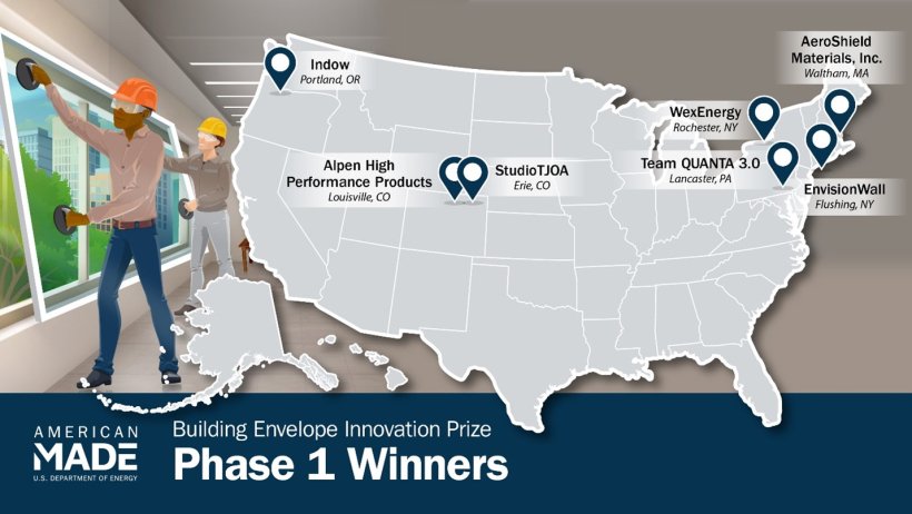 Map of Building Envelope Innovation Prize Phase I Winners, targeting secondary glazing systems