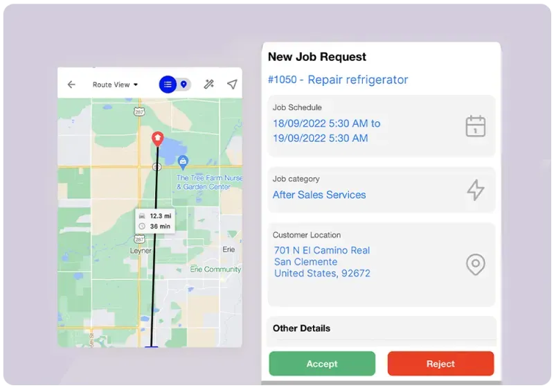 Screenshots of New Job Request and route map