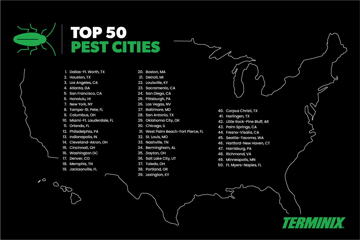 Terminix map and list of Top 50 Cities for pest treatments