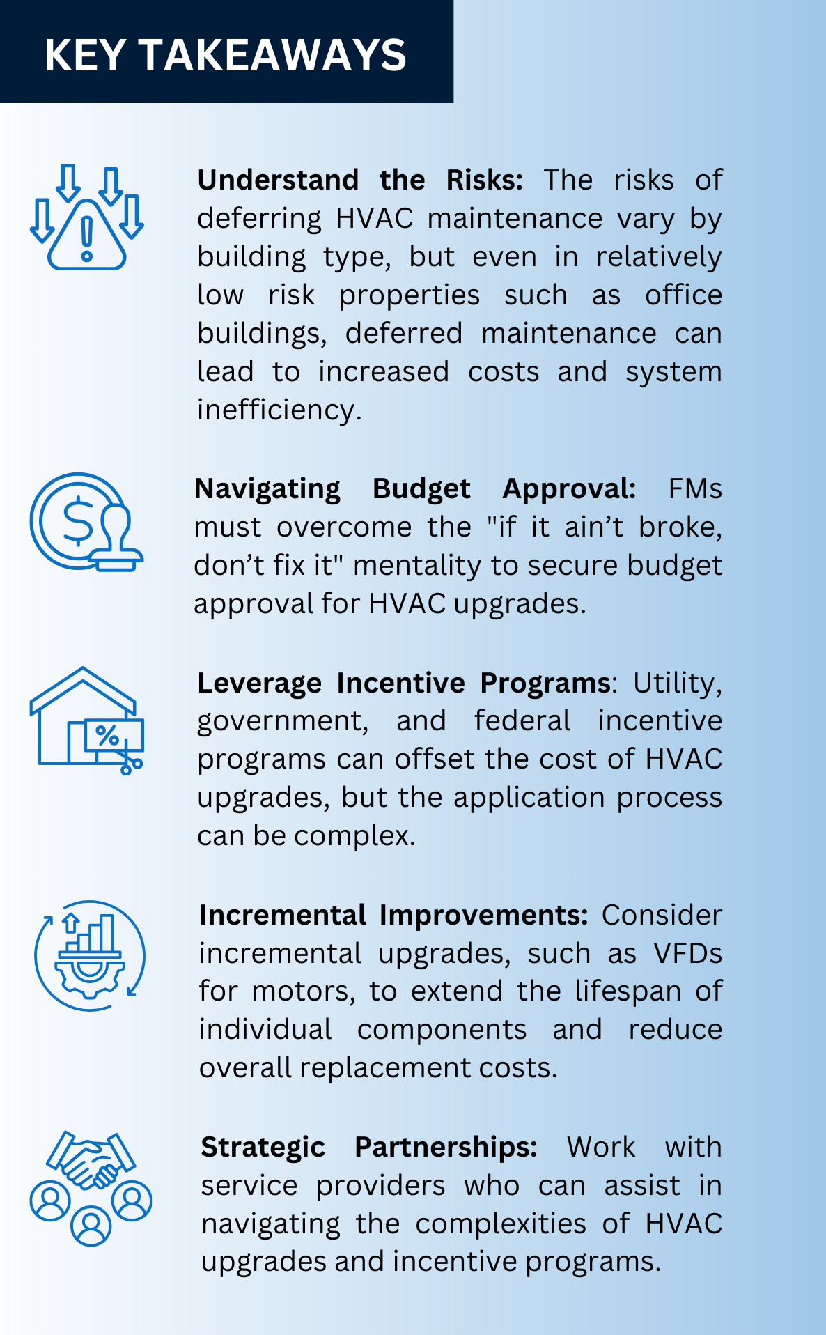 Key takeaways graphic about getting HVAC upgrades improved