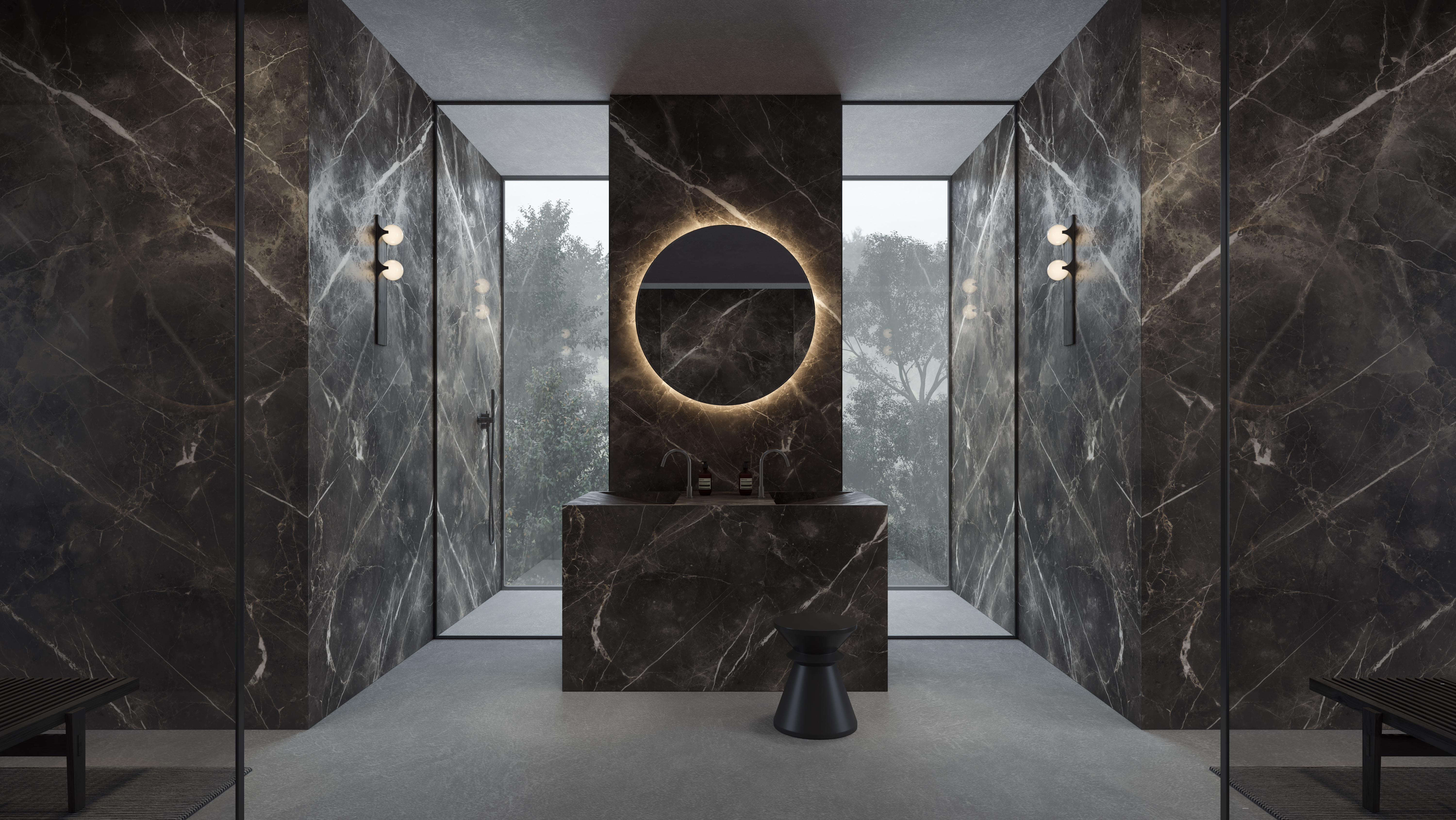 Charcoal/black tile walls with streaks of minerals. Lighted mirror and glass wall
