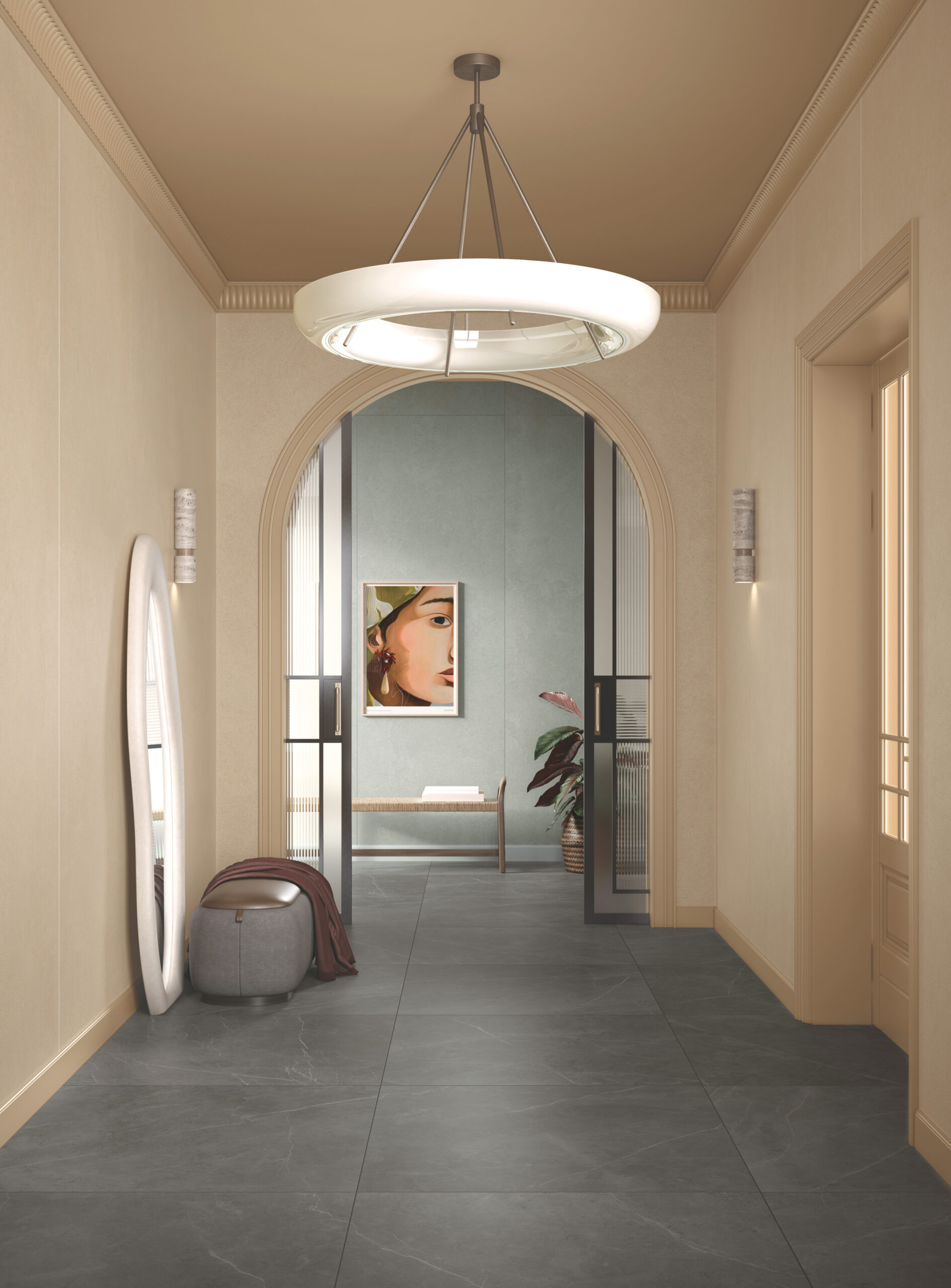 High-design hallway with large-format porcelain tiles on the walls