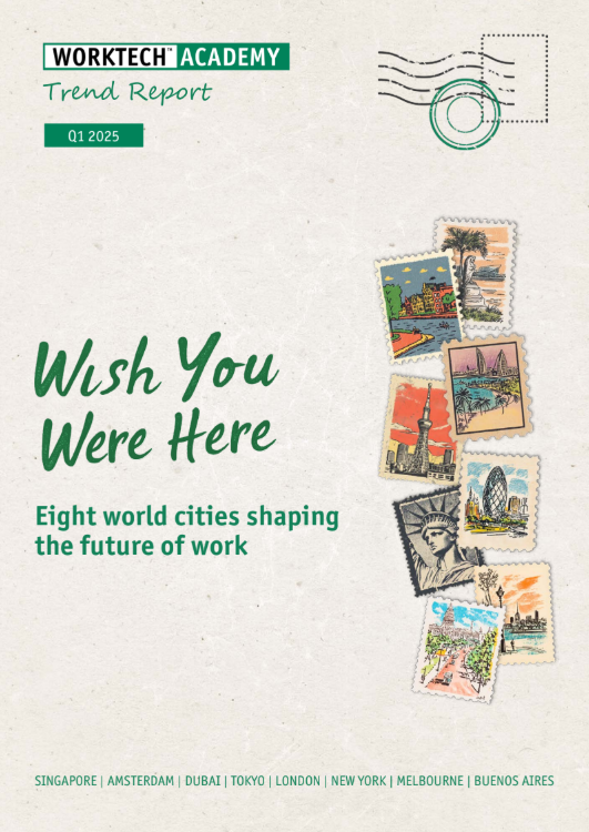 "Wish You Were Here" report cover, with stamps of 8 world cities shaping the future of work