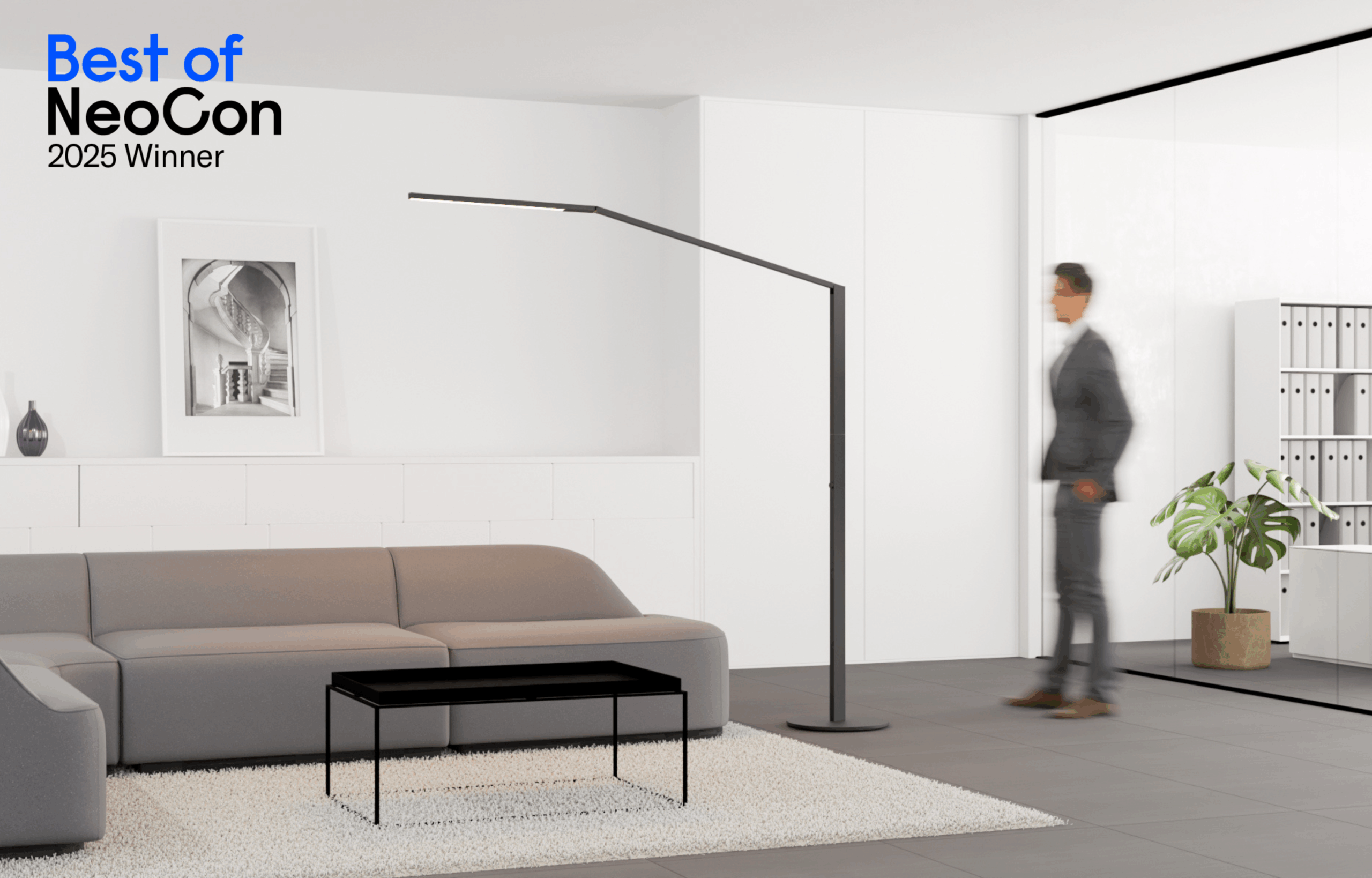 Greige couch with high-design angular floor lamp