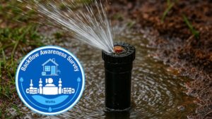 Black pipe spouting water up, related to backflow prevention