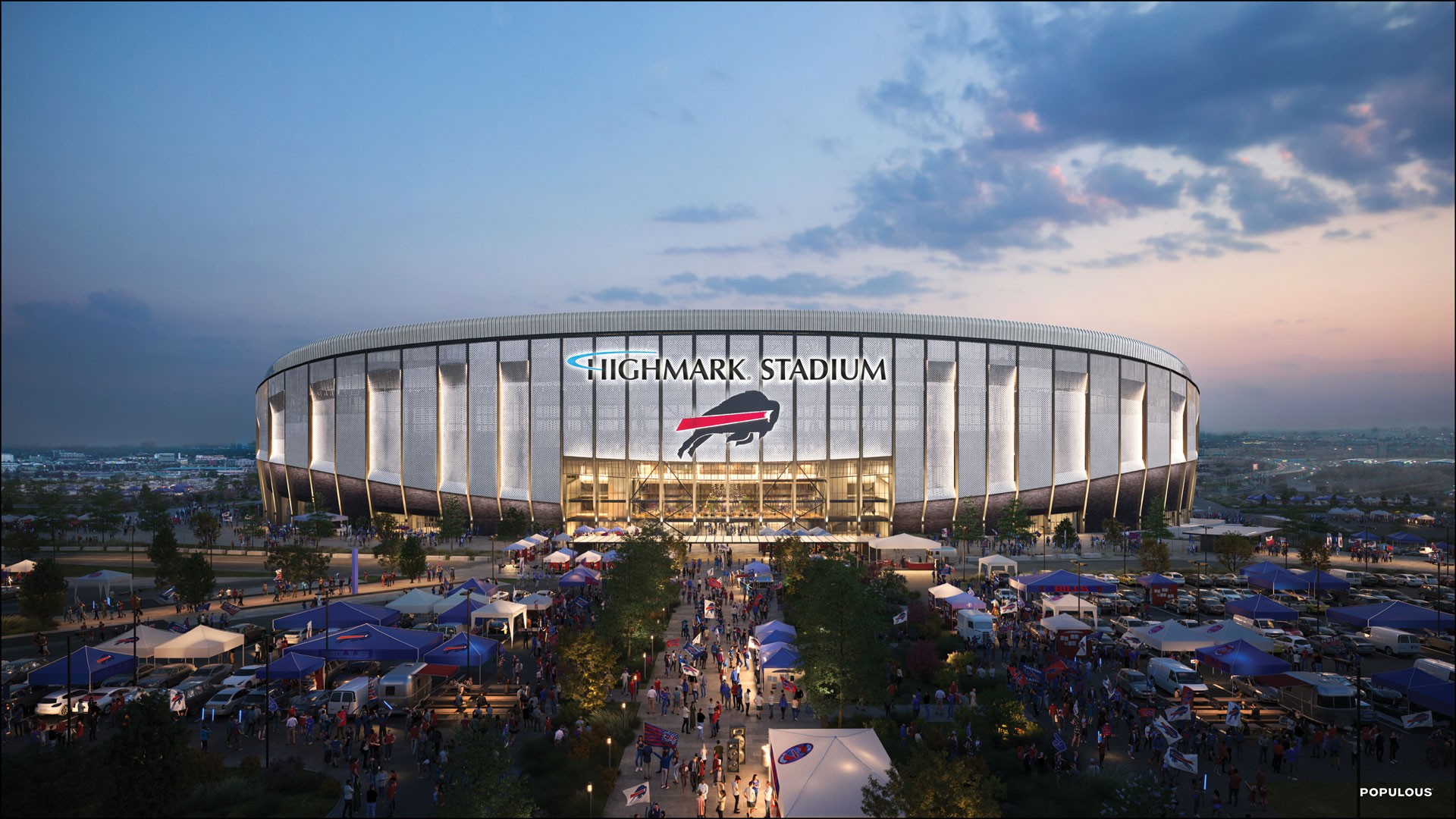 Front view of Buffalo Bills' white Highmark Stadium, with dark grey charging buffalo with red stripe; blue and white tents in foreground
