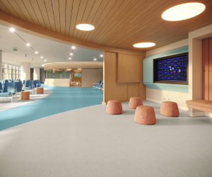 Medella resilient sheet flooring in beige and light blue