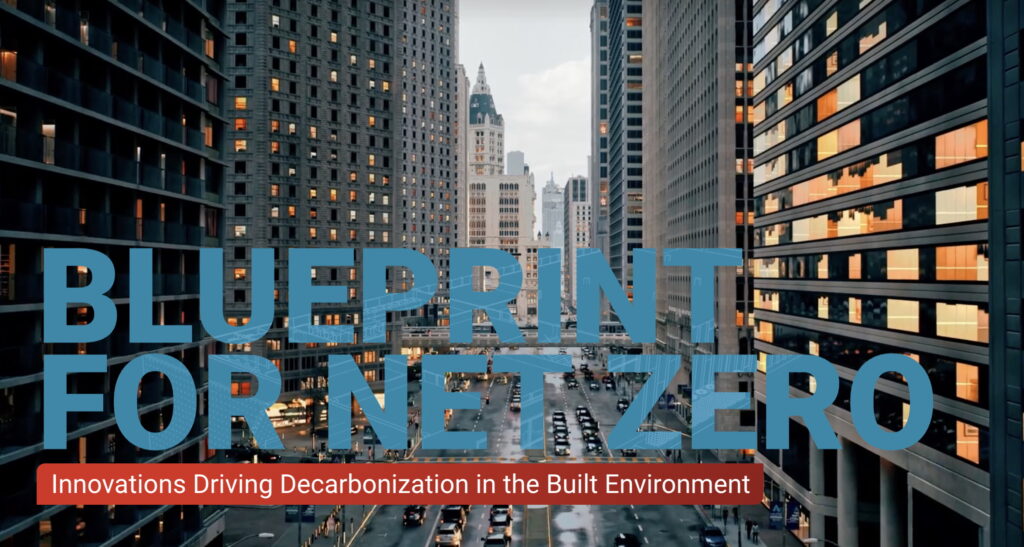 Blueprint for Net Zero publication title page. Blue print on background of buildings