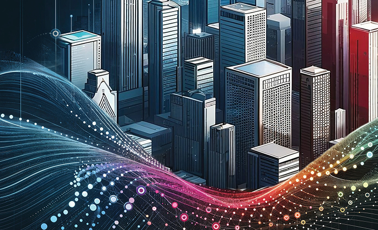 Graphic of a city downtown, with a multicolor network wave in front