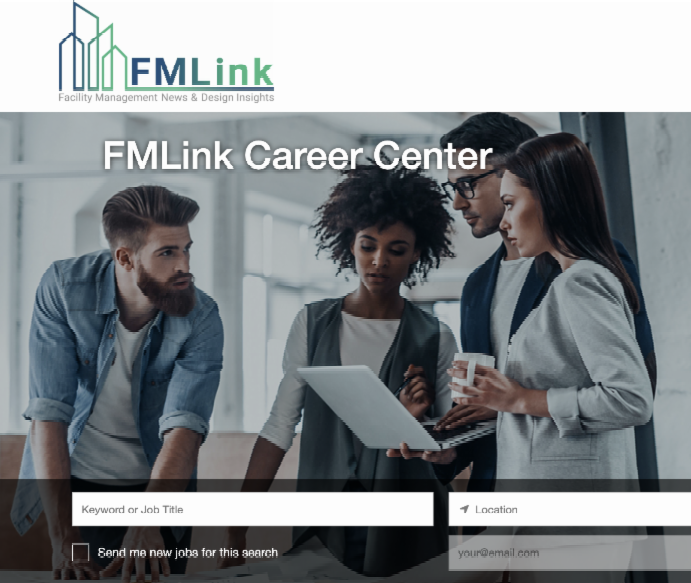 FMLink Job Board with logo -- 4 workers looking at laptop under "FMLink Career Center" title