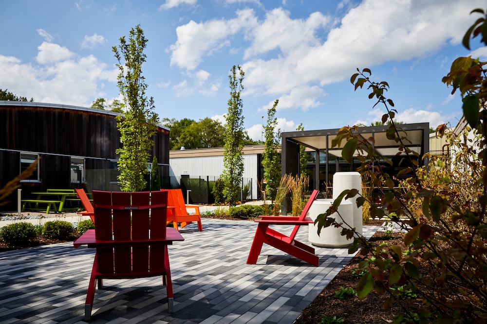 Site furnishings on a stone plaza area