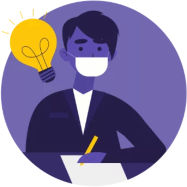 Purple circle graphic - student with white face mask and yellow bulb