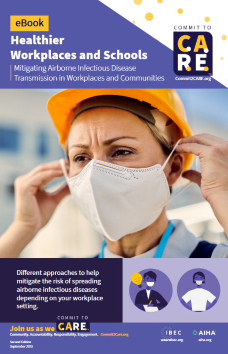 AIHA’s “Healthier Workplaces and Schools” eBook v.2 cover with image of woman in orange hard hat donning white facemask