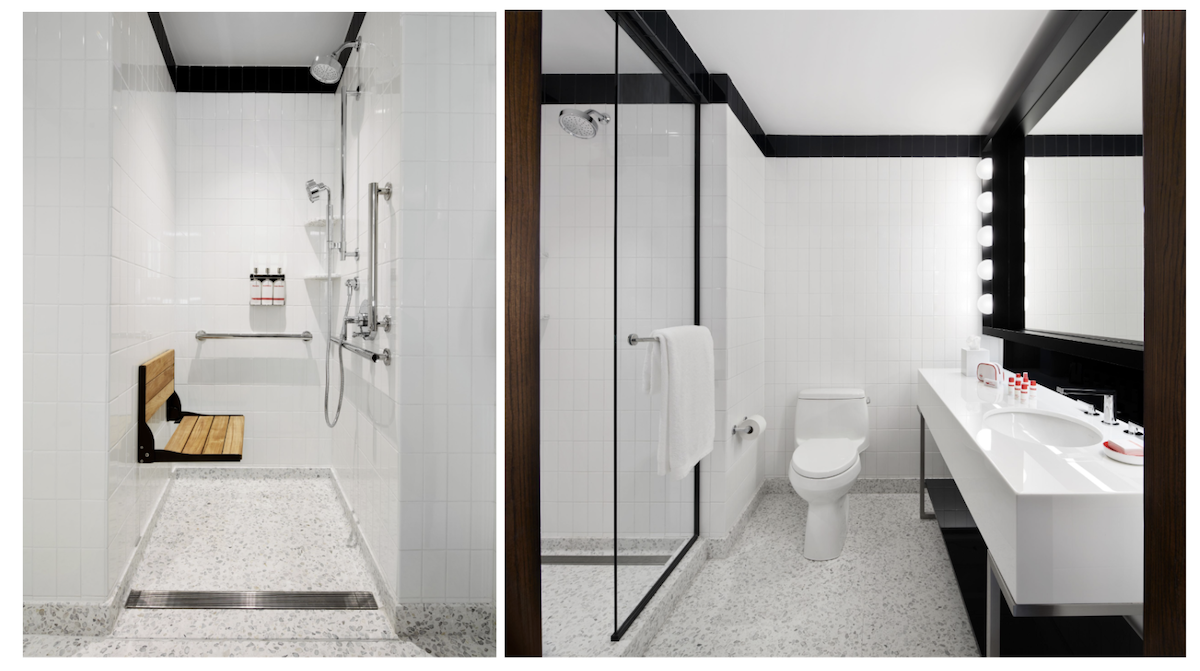Double image of white bathrooms with high-end grates