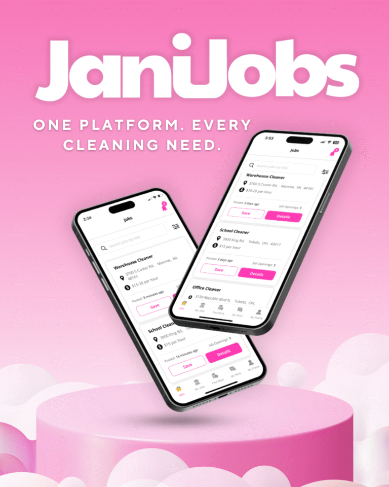 2 mobile phones displaying JaniJobs platform, on a pink background