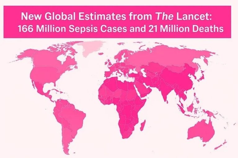 Pink world map of sepsis cases and deaths from The Lancet