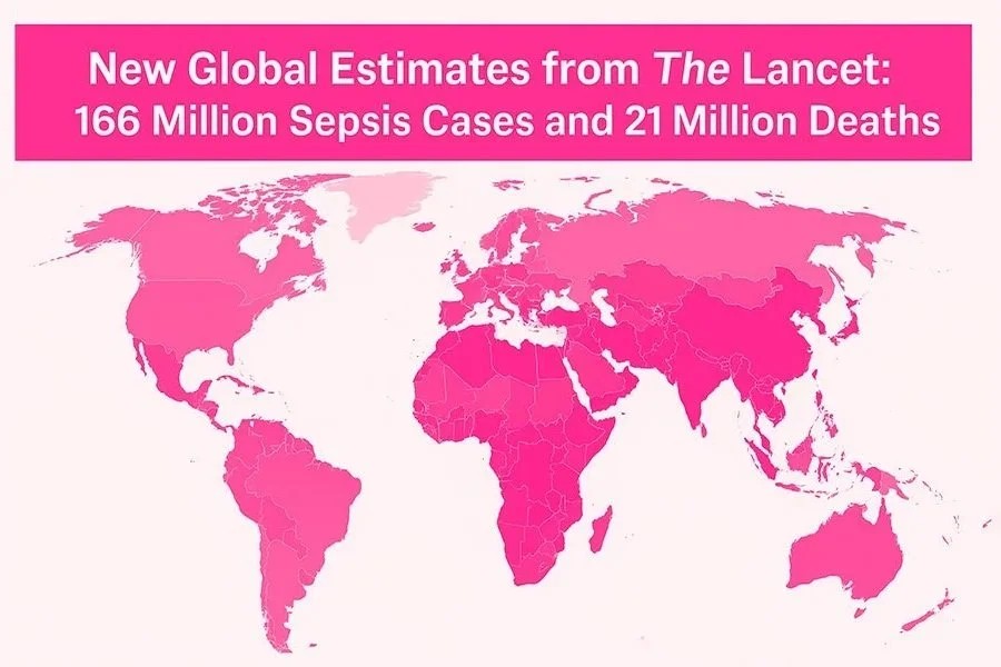 Pink world map of sepsis cases and deaths from The Lancet