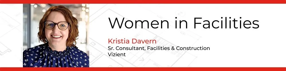 Headshot of Kristia Davern, with Women in Facilities title, between 2 red bars