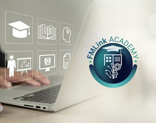 Man typing on laptop with education symbols; blue/green FMLink Academy logo
