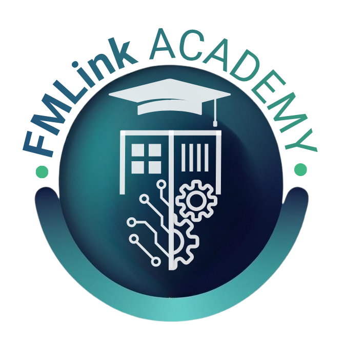 FMLink Academy Logo - blue/green gradient circle with graduation camp, building, gear, network symbols
