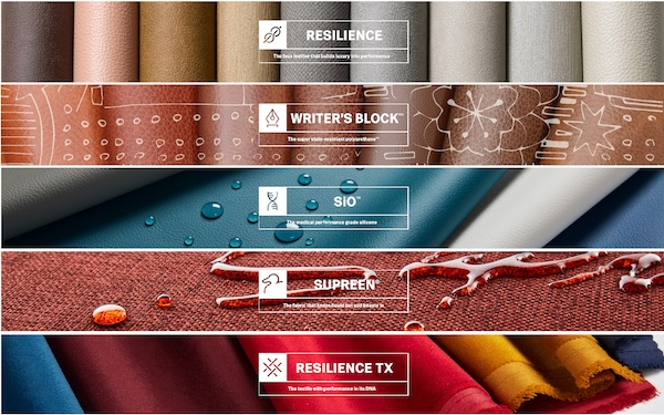 Horizontal sections with high-performance textile samples and text from sustainability report