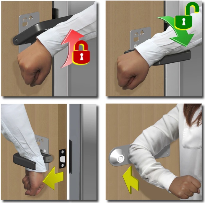 Restroom UP LoK door handles in use
