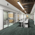 Interface biophilic flooring in healthcare setting with desks