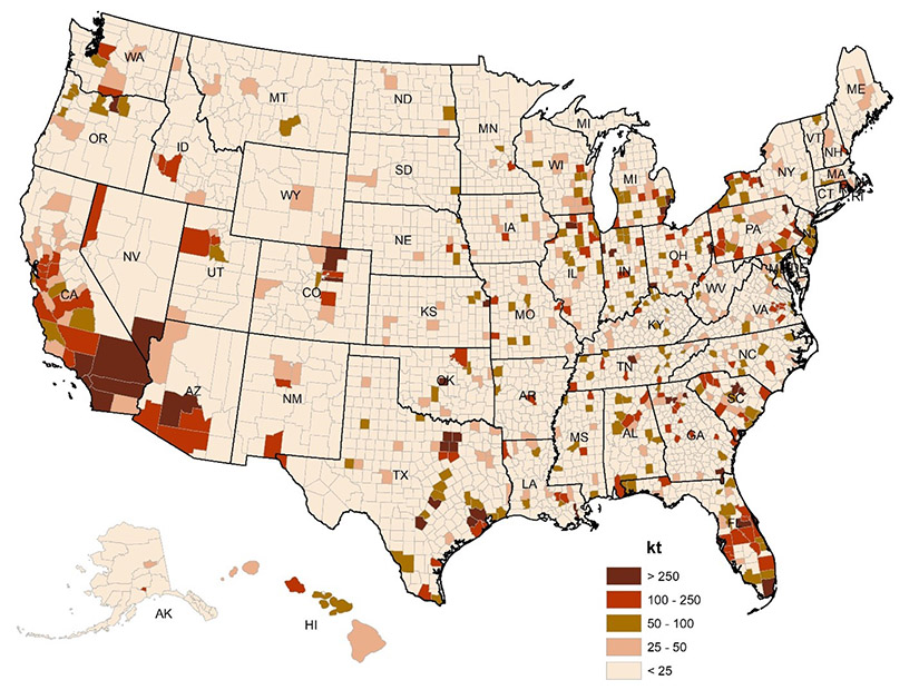 NREL landfill map by county of paper waste