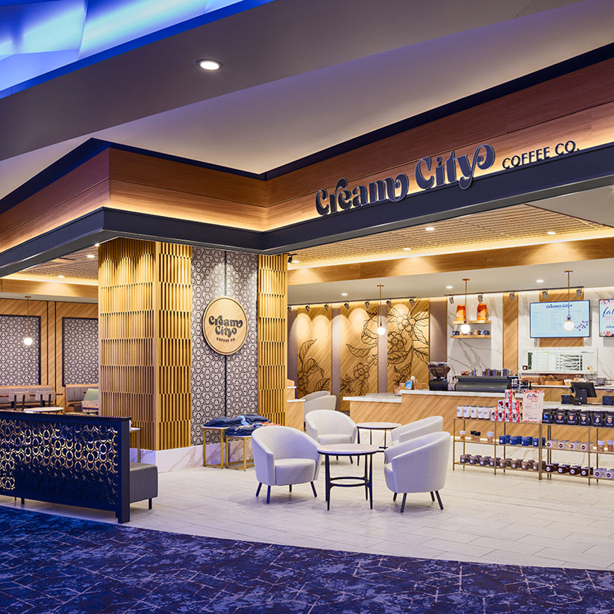 Cream City Coffee Co. within Potawatomi Casino | Hotel, showing lighting design, with blue at ceiling and floor