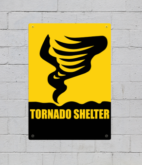 Yellow and black Tornado Shelter sign